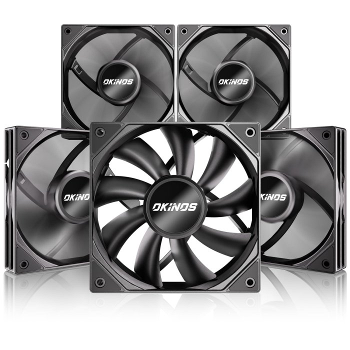 Okinos 5-Pack 120mm PWM Case Fans - Silent PC Fans, High Airflow, Low-Noise, Anti-Shock Pads, PWM Sharing Cable, Hurricane Series