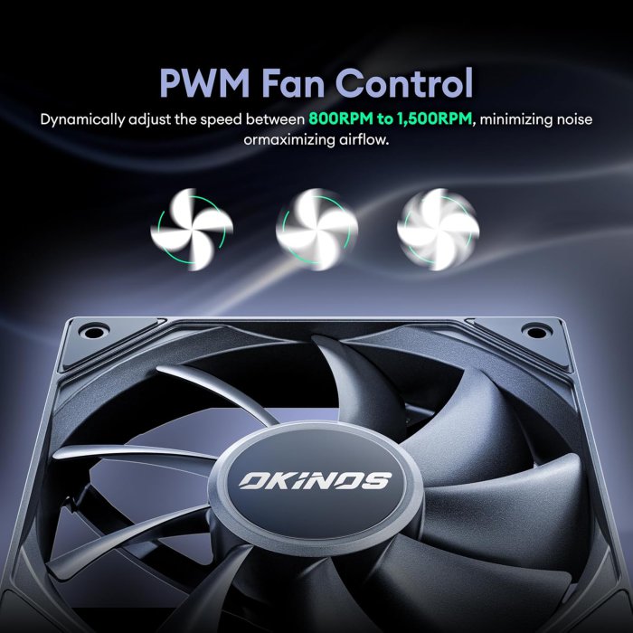 Okinos 5-Pack 120mm PWM Case Fans - Silent PC Fans, High Airflow, Low-Noise, Anti-Shock Pads, PWM Sharing Cable, Hurricane Series (image 4)
