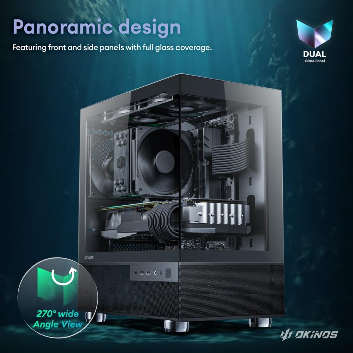 Okinos Aqua 3 Air MATX PC Case with 3 Fans, Tempered Glass, Type C Port - Black (image 2)