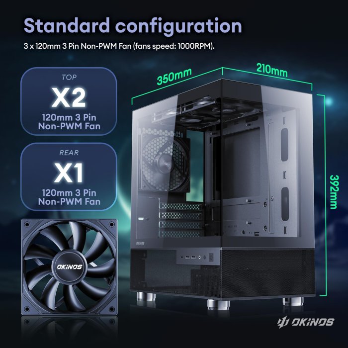 Okinos Aqua 3 Air MATX PC Case with 3 Fans, Tempered Glass, Type C Port - Black (image 4)