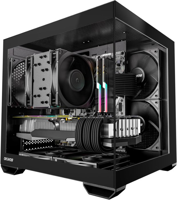 Okinos Mirage MATX Mini-Tower Case, 5 x 120mm Fans, Type-C Port, Tempered Glass Panel (Black)