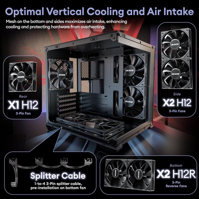 Okinos Mirage MATX Mini-Tower Case, 5 x 120mm Fans, Type-C Port, Tempered Glass Panel (Black) (image 2)