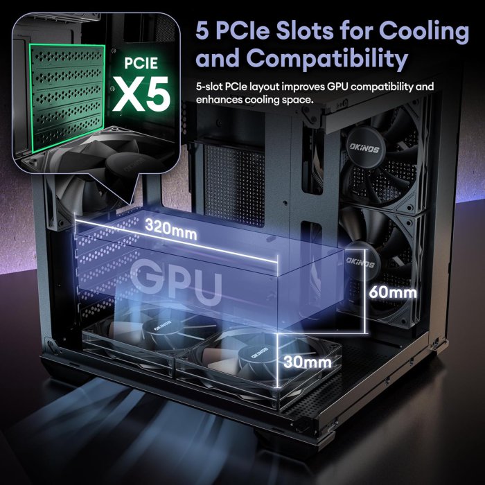 Okinos Mirage MATX Mini-Tower Case, 5 x 120mm Fans, Type-C Port, Tempered Glass Panel (Black) (image 3)