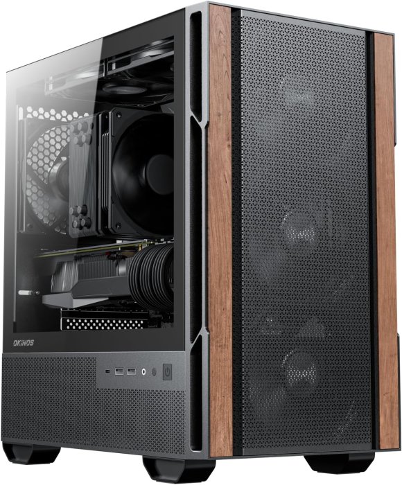 Okinos Wood Design Micro ATX Case with 4 Fans, Type-C, Black