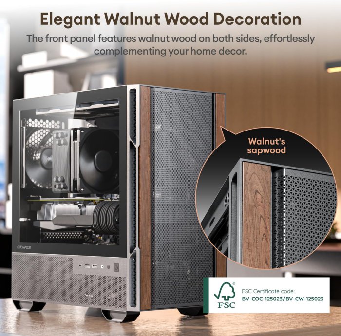 Okinos Wood Design Micro ATX Case with 4 Fans, Type-C, Black (image 2)