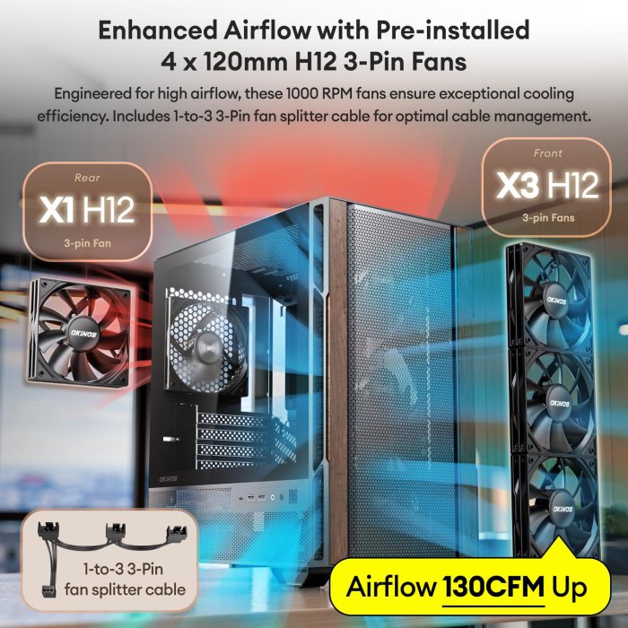 Okinos Wood Design Micro ATX Case with 4 Fans, Type-C, Black (image 3)