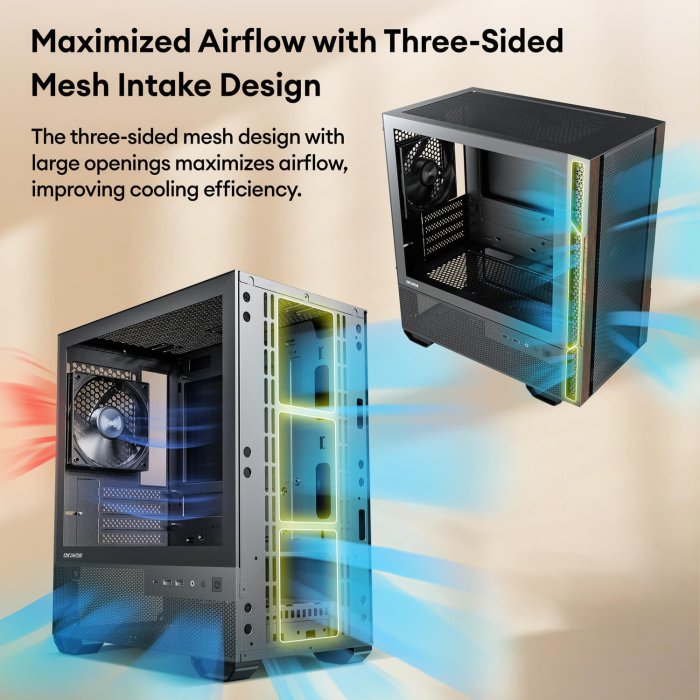 Okinos Wood Design Micro ATX Case with 4 Fans, Type-C, Black (image 4)