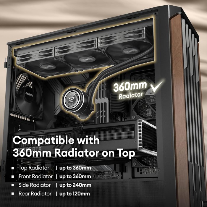 Walnut Wood PC Case, 360mm Radiator Support, 4 x 120mm Fans, Type-C Port, Tempered Glass Panel, Cypress 7 (image 3)